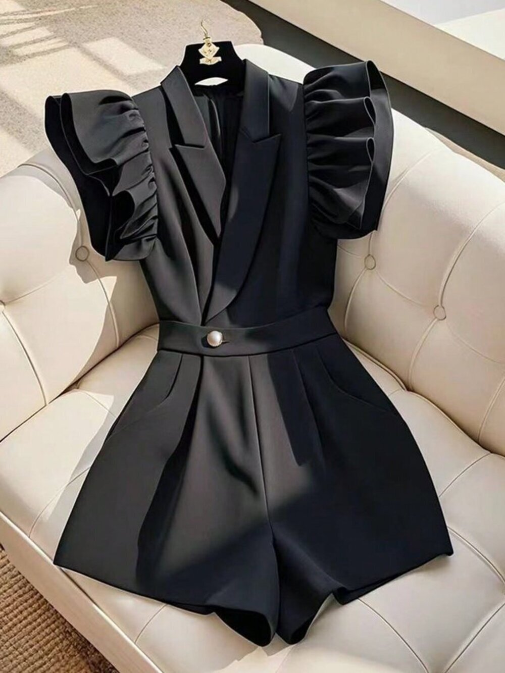 Black Casual Women's Cap Sleeve Blazer Collar Jumpsuit